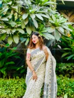 Sajboron প্রিমিয়াম Jamdani saree কমলা ও সবুজ ফুলের নকশা সহ