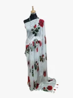 সাদা জর্জেট শাড়ি রেড রোজ প্রিন্ট